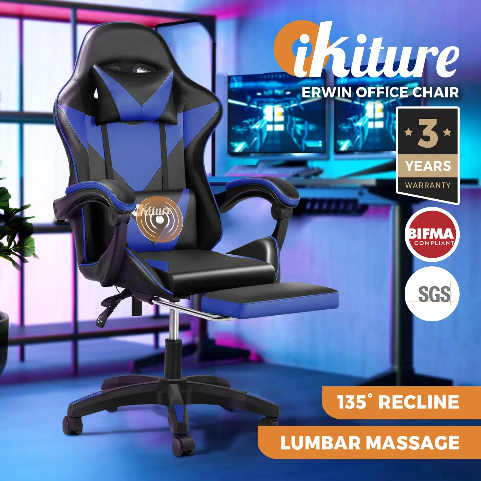 Oikiture Gaming Chair Massage Racing Recliner Office PU Leather with Footrest