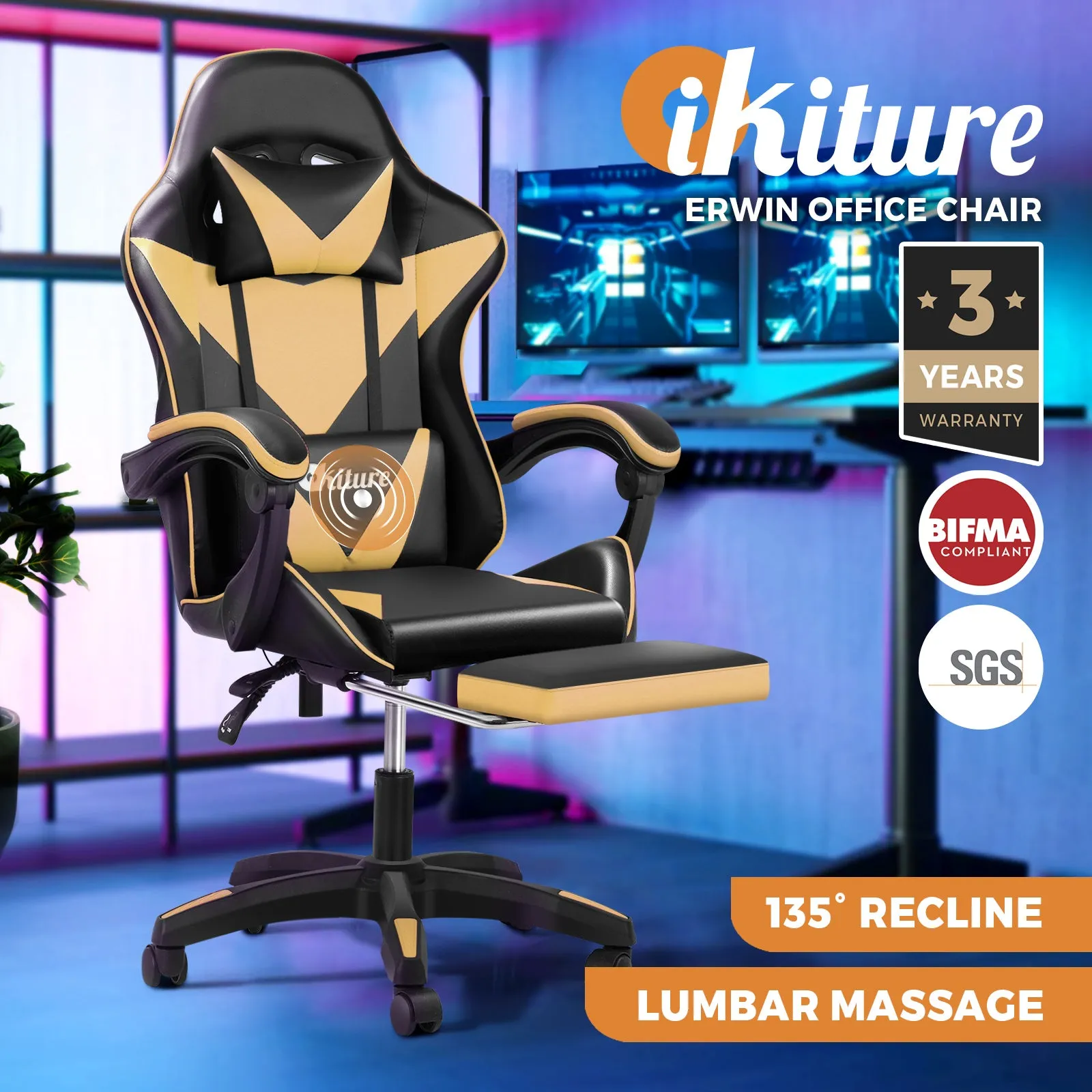 Oikiture Gaming Chair Massage Racing Recliner Office PU Leather with Footrest