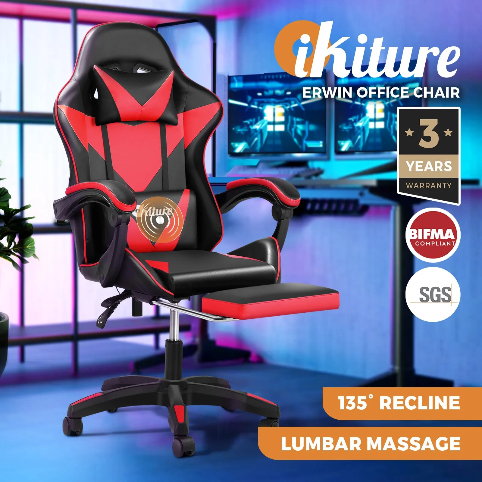 Oikiture Gaming Chair Massage Racing Recliner Office PU Leather with Footrest