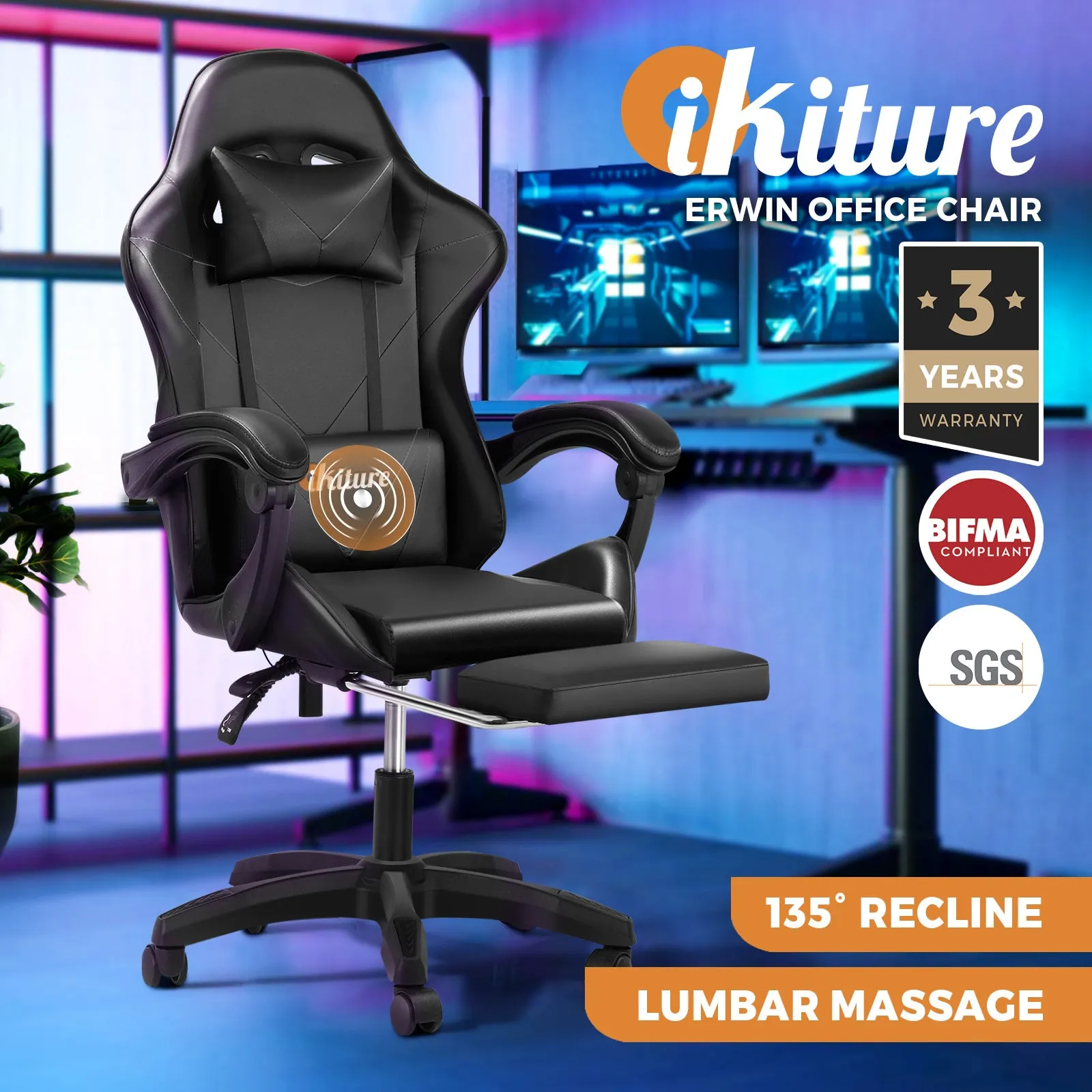 Oikiture Gaming Chair Massage Racing Recliner Office PU Leather with Footrest