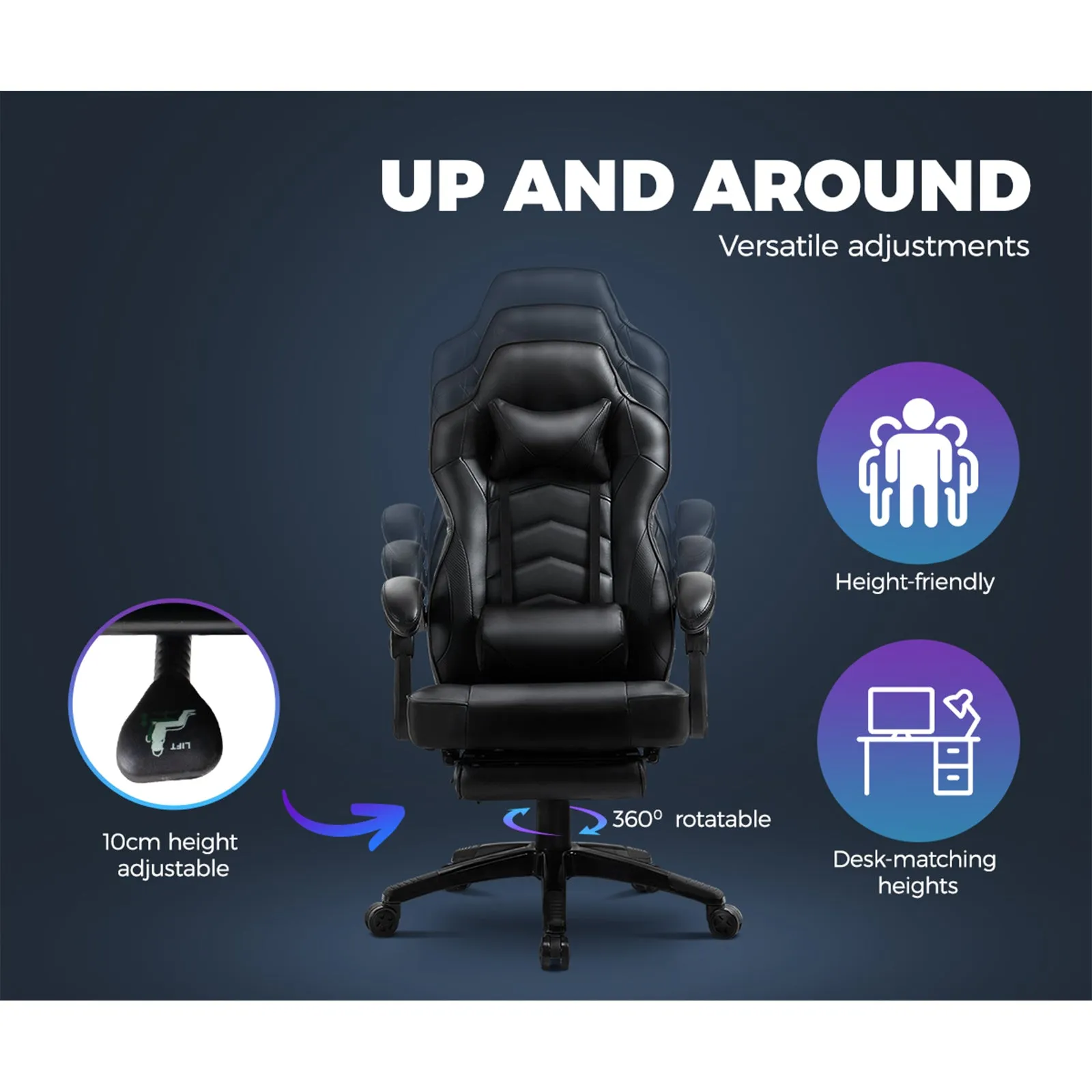 Oikiture Gaming Chair Office Chairs Executive Footrest Computer Seat PU Leather