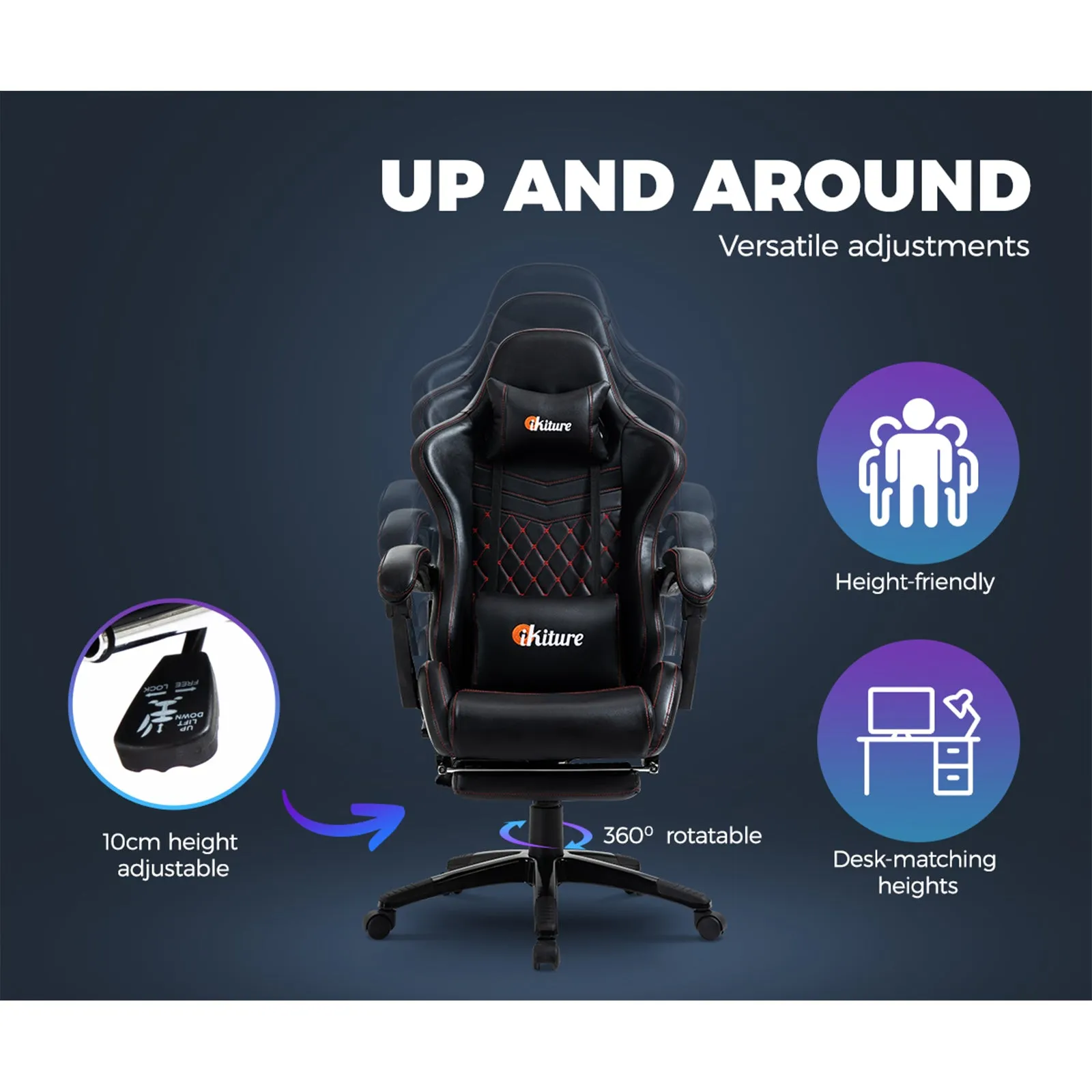 Oikiture Gaming Chair Office Executive Chairs Footrest Computer Seat PU Leather