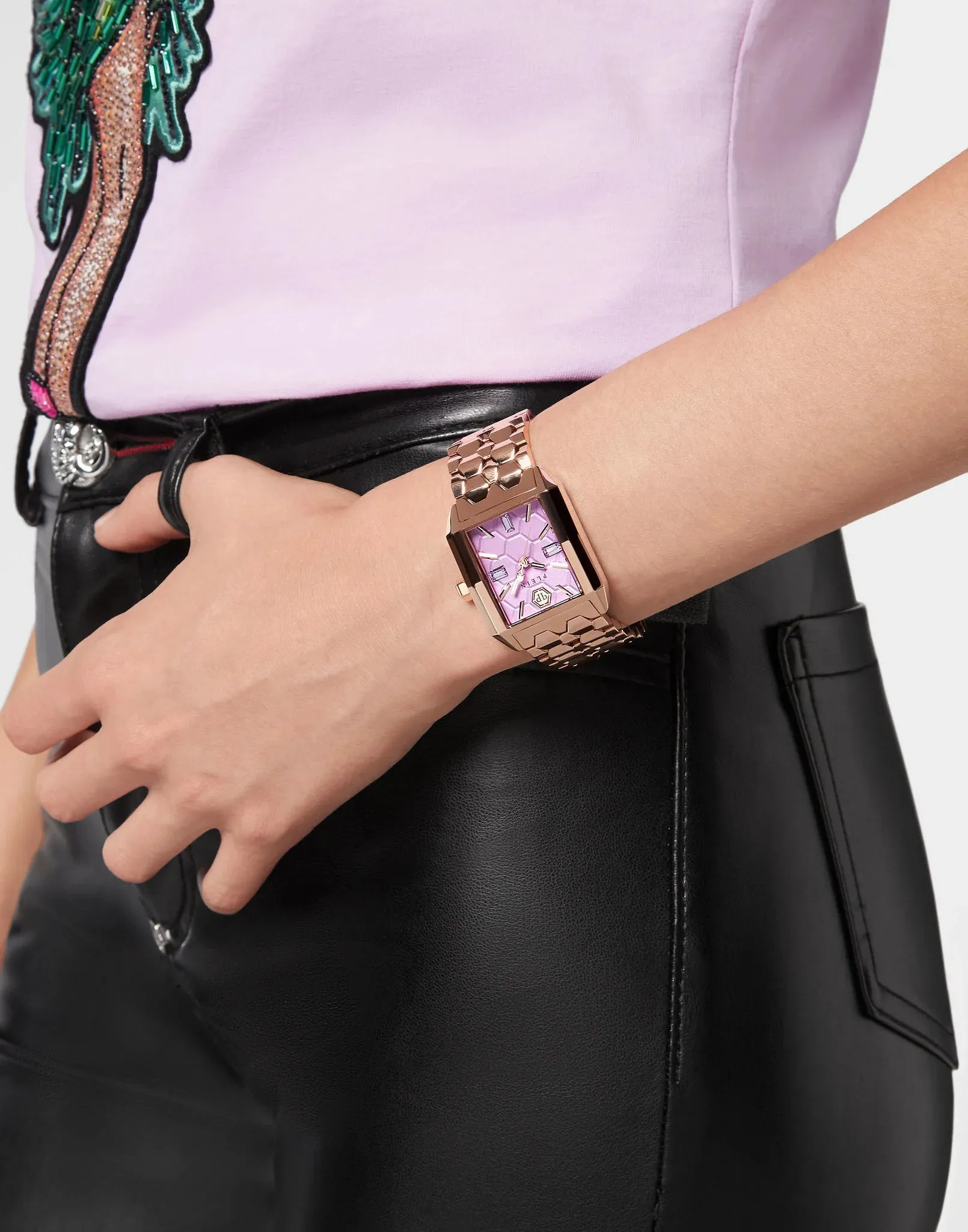 Philipp Plein Ladies Watch Offshore Square Lilac Rose Gold PWMAA0722