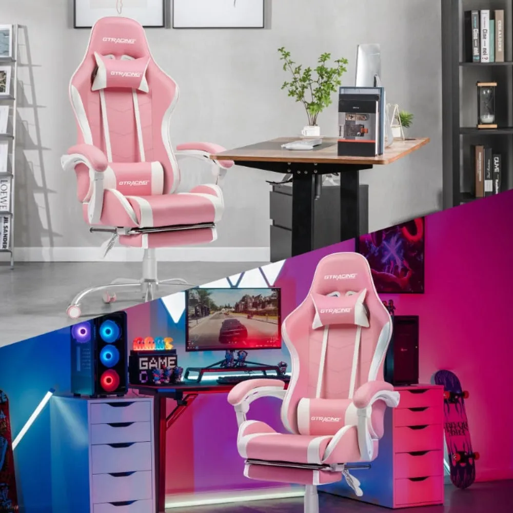 Pink Gaming Chair with Footrest