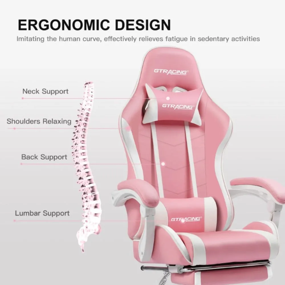 Pink Gaming Chair with Footrest