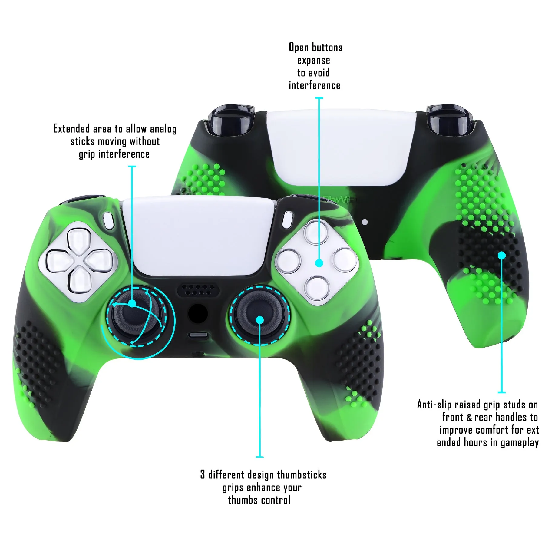 PlayVital 3D Studded Edition Anti-Slip Silicone Cover Skin for ps5 Controller, Soft Rubber Case Protector for ps5 Wireless Controller with Thumb Grip Caps - Green & Black - TDPF024