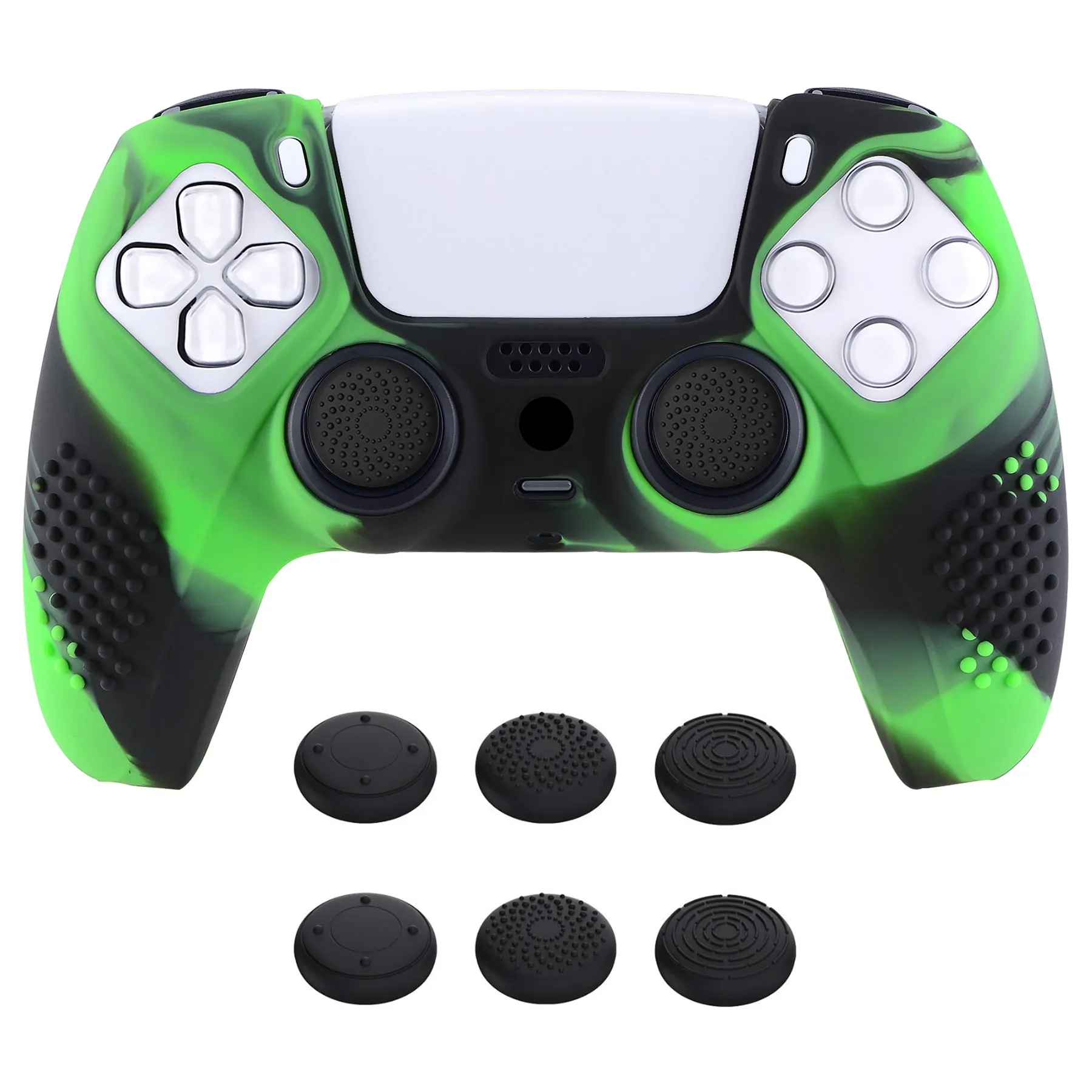 PlayVital 3D Studded Edition Anti-Slip Silicone Cover Skin for ps5 Controller, Soft Rubber Case Protector for ps5 Wireless Controller with Thumb Grip Caps - Green & Black - TDPF024