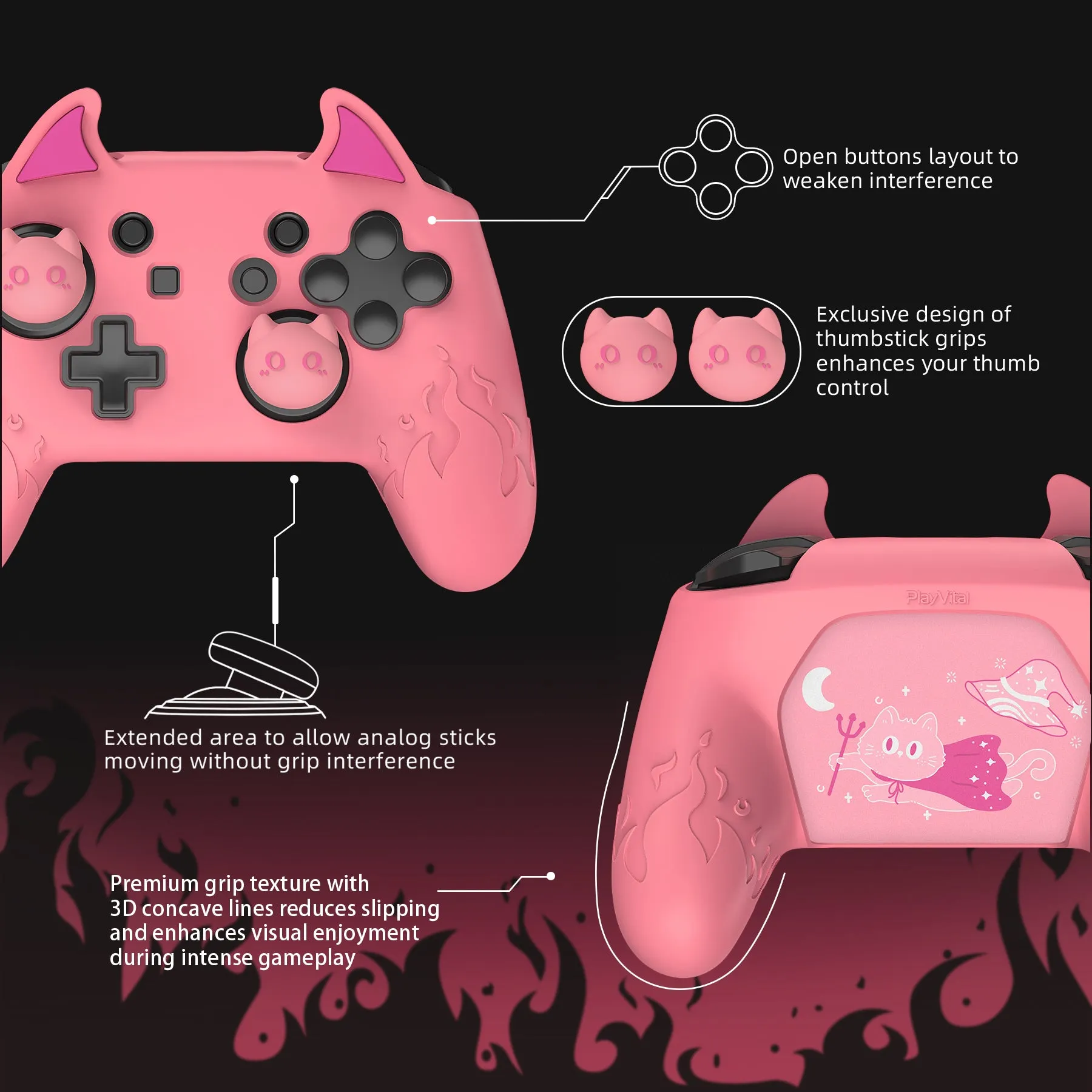 PlayVital Cute Demon Silicone Grip Cover for Nintendo Switch Pro Controller, Anti-Slip Protective Skin with Joystick Caps and Stickers Compatible with Nintendo Switch Pro - Pink - AMDNPP004