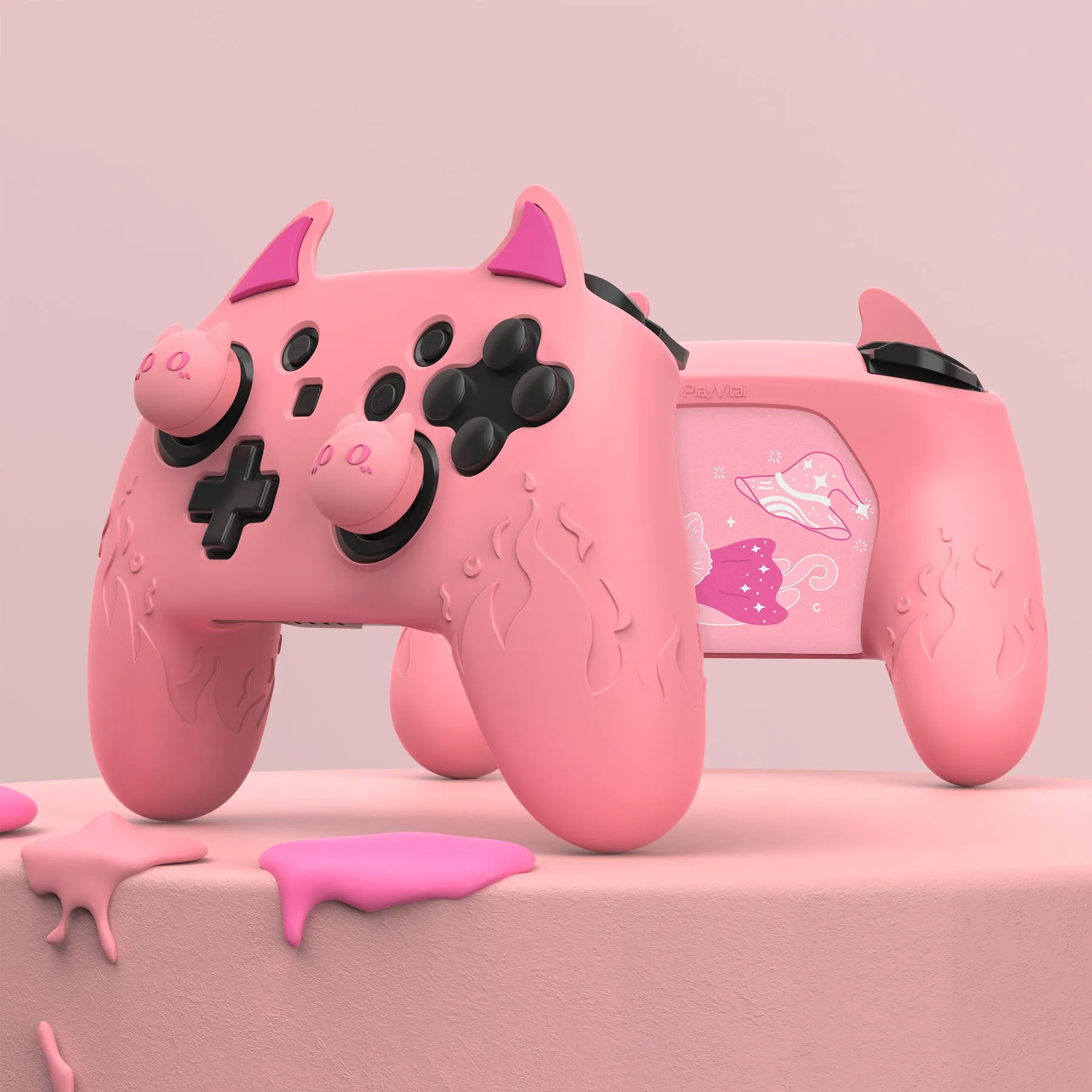 PlayVital Cute Demon Silicone Grip Cover for Nintendo Switch Pro Controller, Anti-Slip Protective Skin with Joystick Caps and Stickers Compatible with Nintendo Switch Pro - Pink - AMDNPP004