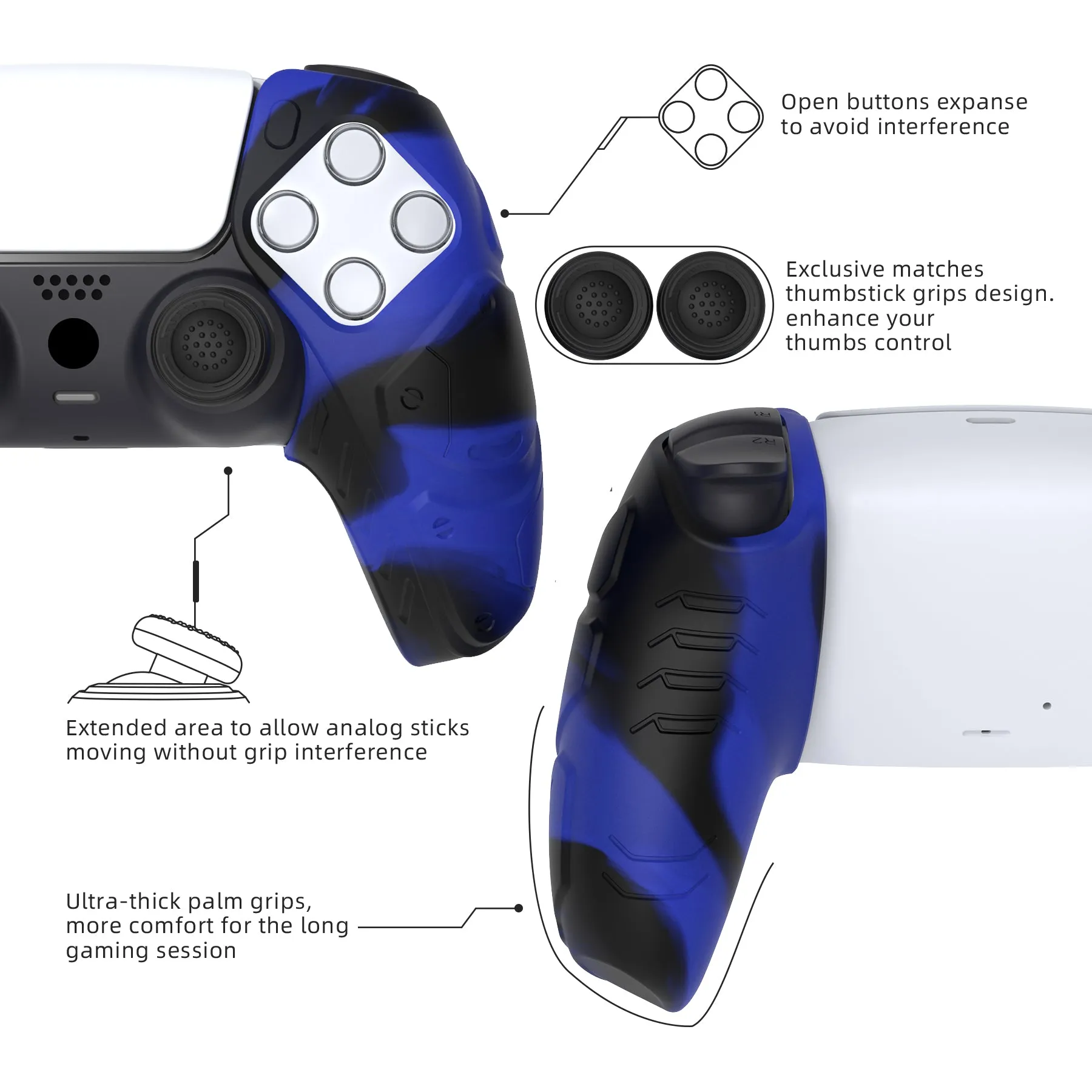 PlayVital Mecha Edition Blue & Black Ergonomic Soft Controller Silicone Case Grips for PS5 Controller, Rubber Protector Skins with Thumbstick Caps for PS5 Controller - Compatible with Charging Station - JGPF012