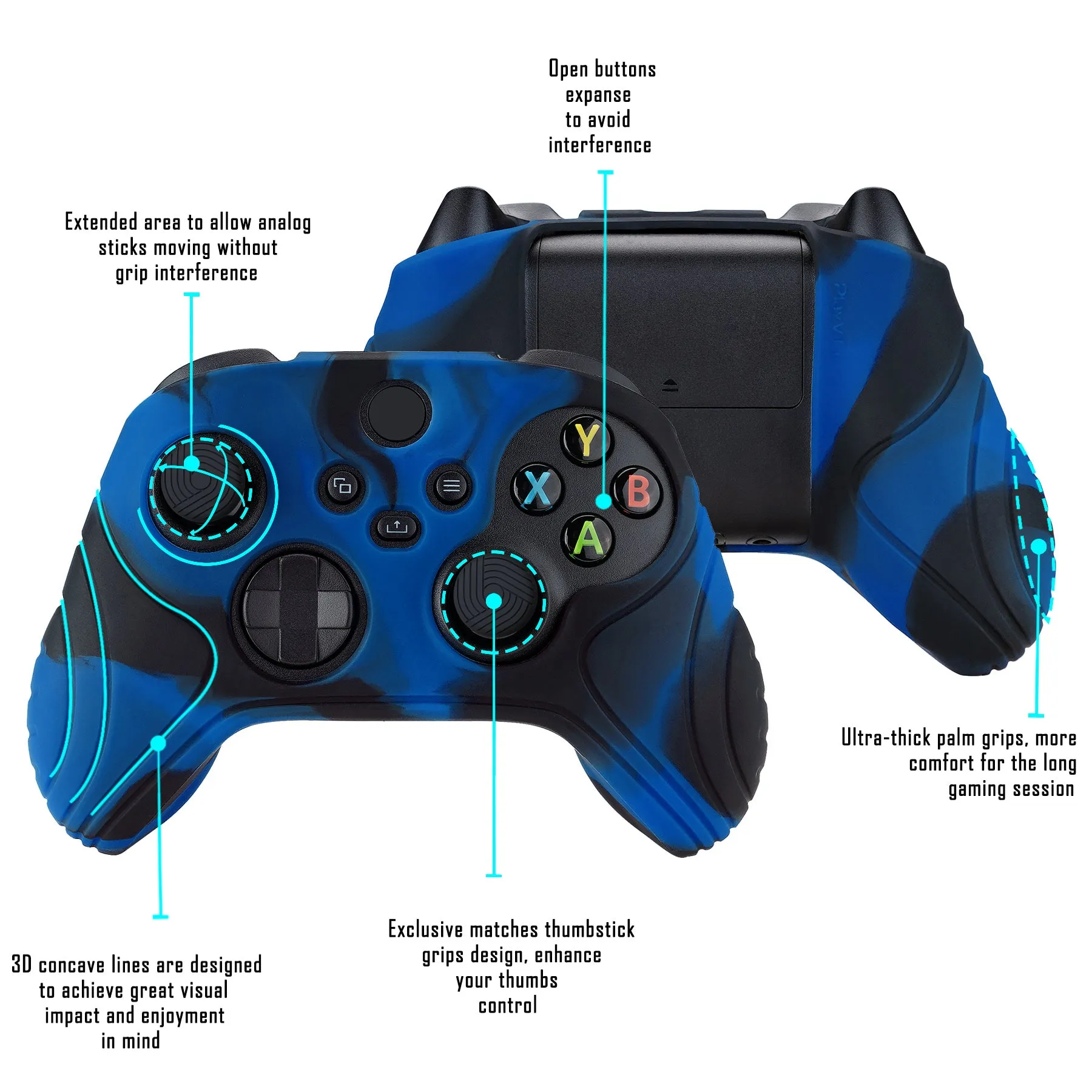 PlayVital Samurai Edition Black & Blue Anti-slip Controller Grip Silicone Skin, Ergonomic Soft Rubber Protective Case Cover for Xbox Series S/X Controller with Black Thumb Stick Caps - WAX3022