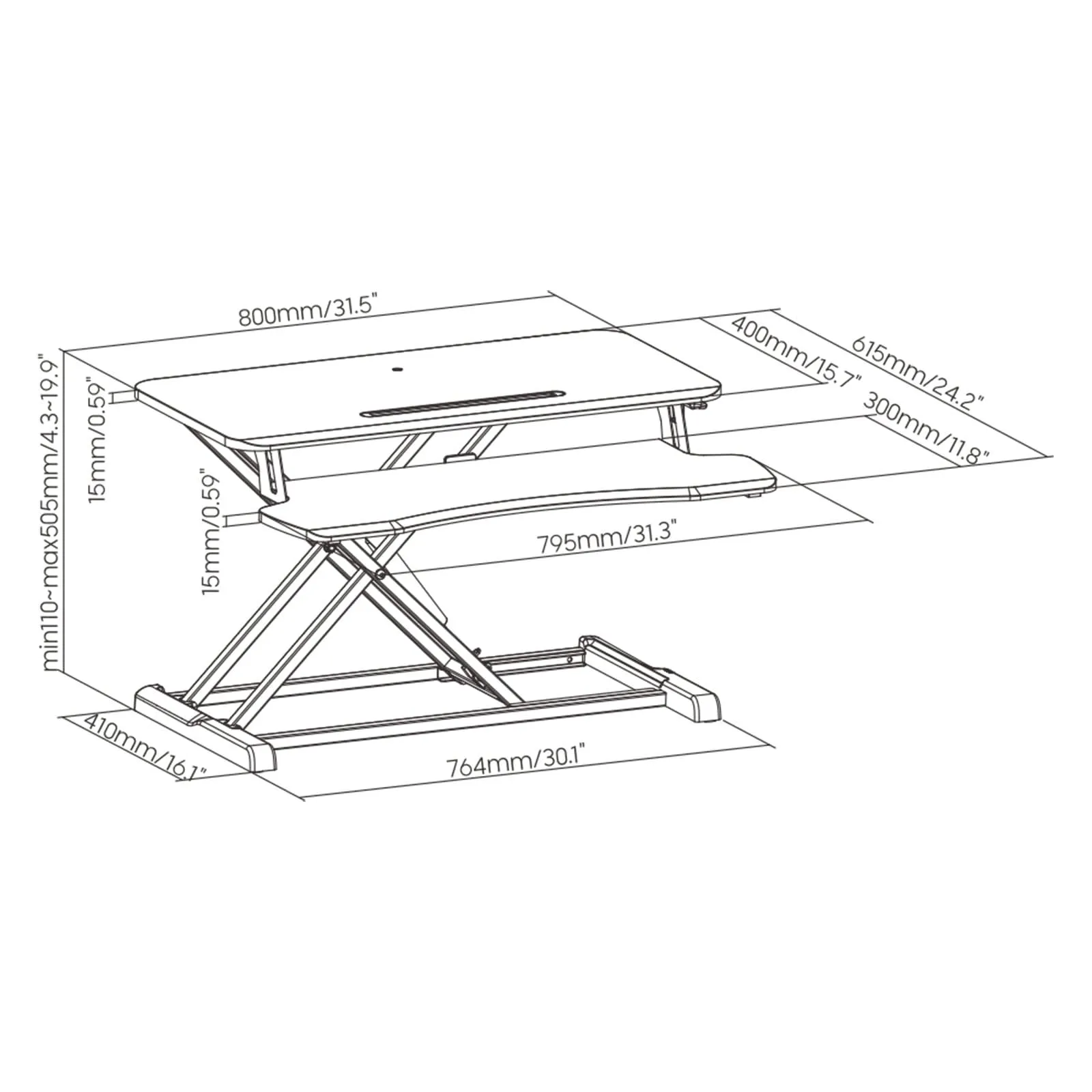 ProperAV Two Tier Worktop Stand Up Desk Converter with Gas Spring Lift & Variable Height Settings - Black