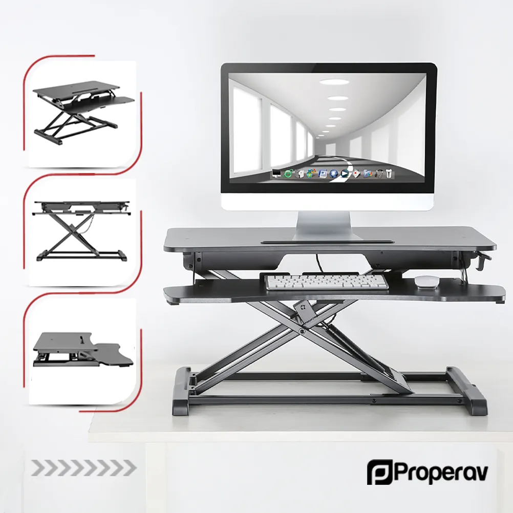 ProperAV Two Tier Worktop Stand Up Desk Converter with Gas Spring Lift & Variable Height Settings - Black