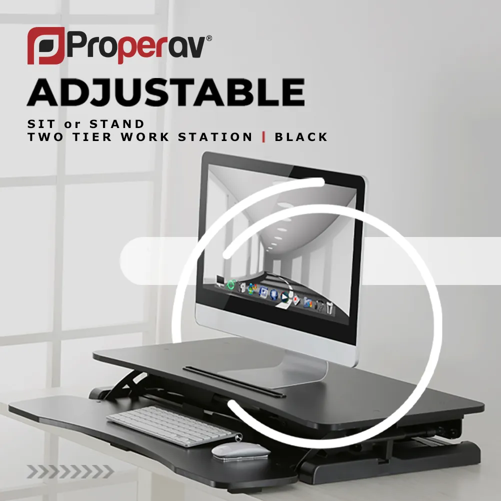 ProperAV Two Tier Worktop Stand Up Desk Converter with Gas Spring Lift & Variable Height Settings - Black