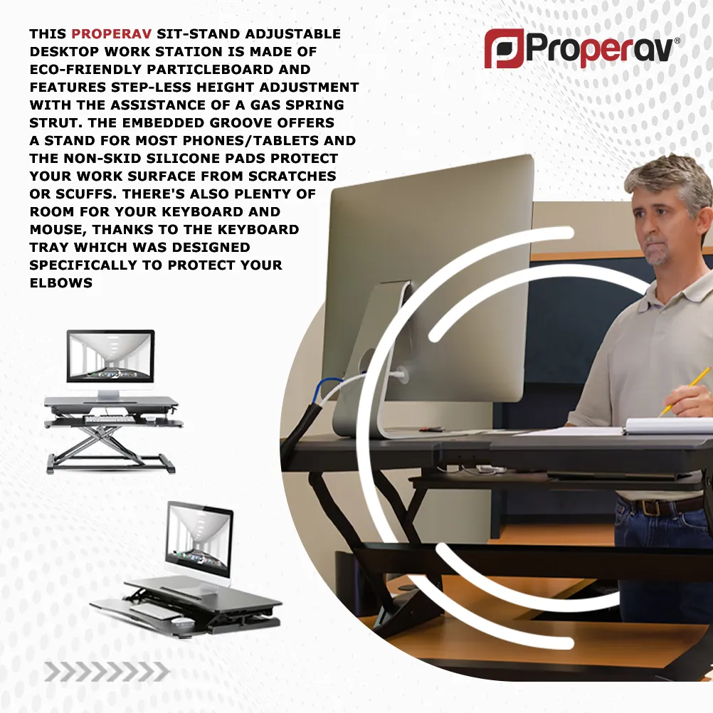 ProperAV Two Tier Worktop Stand Up Desk Converter with Gas Spring Lift & Variable Height Settings - Black