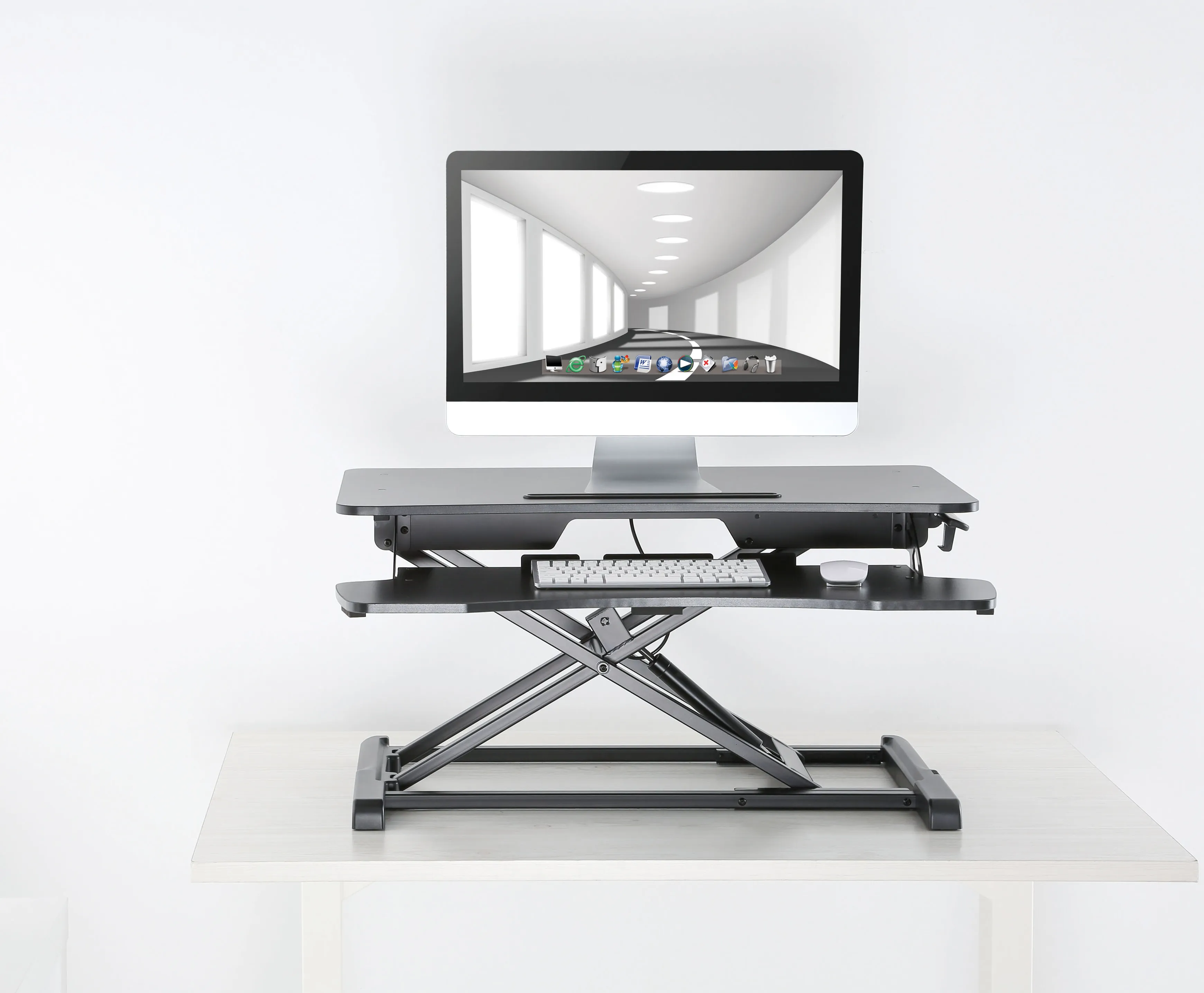 ProperAV Two Tier Worktop Stand Up Desk Converter with Gas Spring Lift & Variable Height Settings - Black