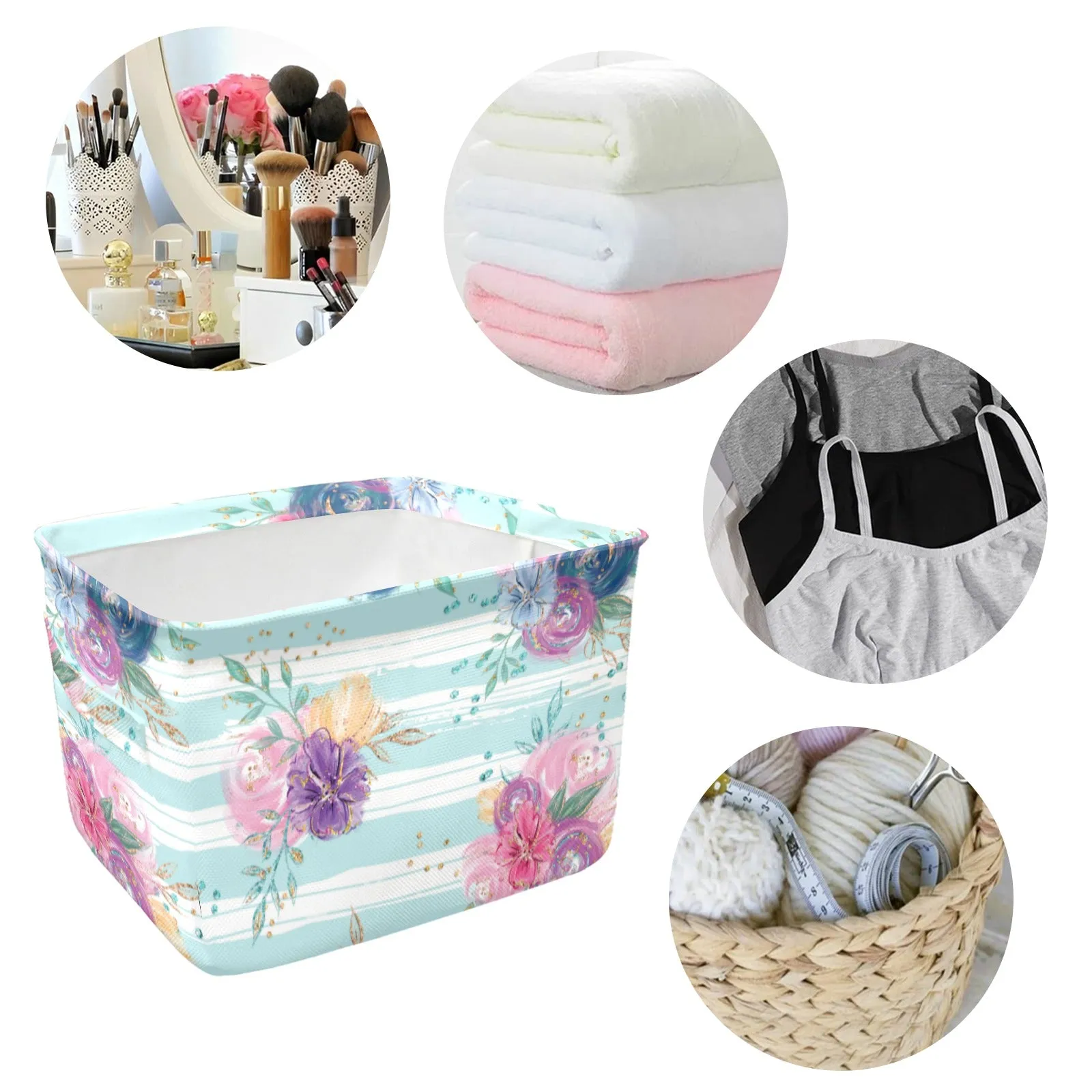 Purple and Pink floral Blue Stripes Fabric Storage Basket