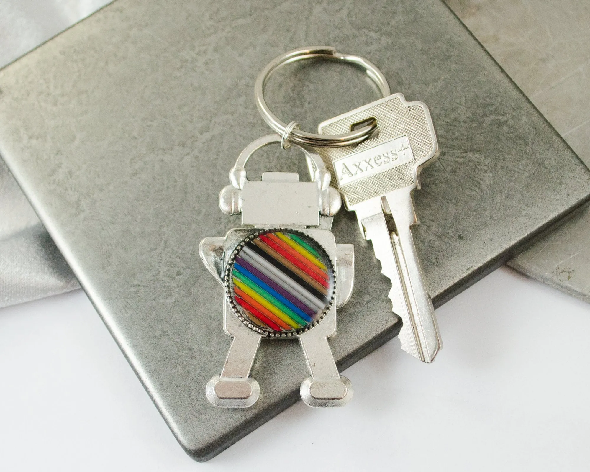 Rainbow Robot Keychain, Ribbon Cable Robotics Keychain, Engineering Gift, Graduation Gift for Computer Science