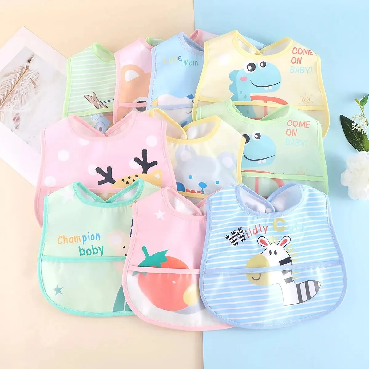 Random 5pcs Cartoon Animals Waterproof Bibs Baby Kids Girls Boys