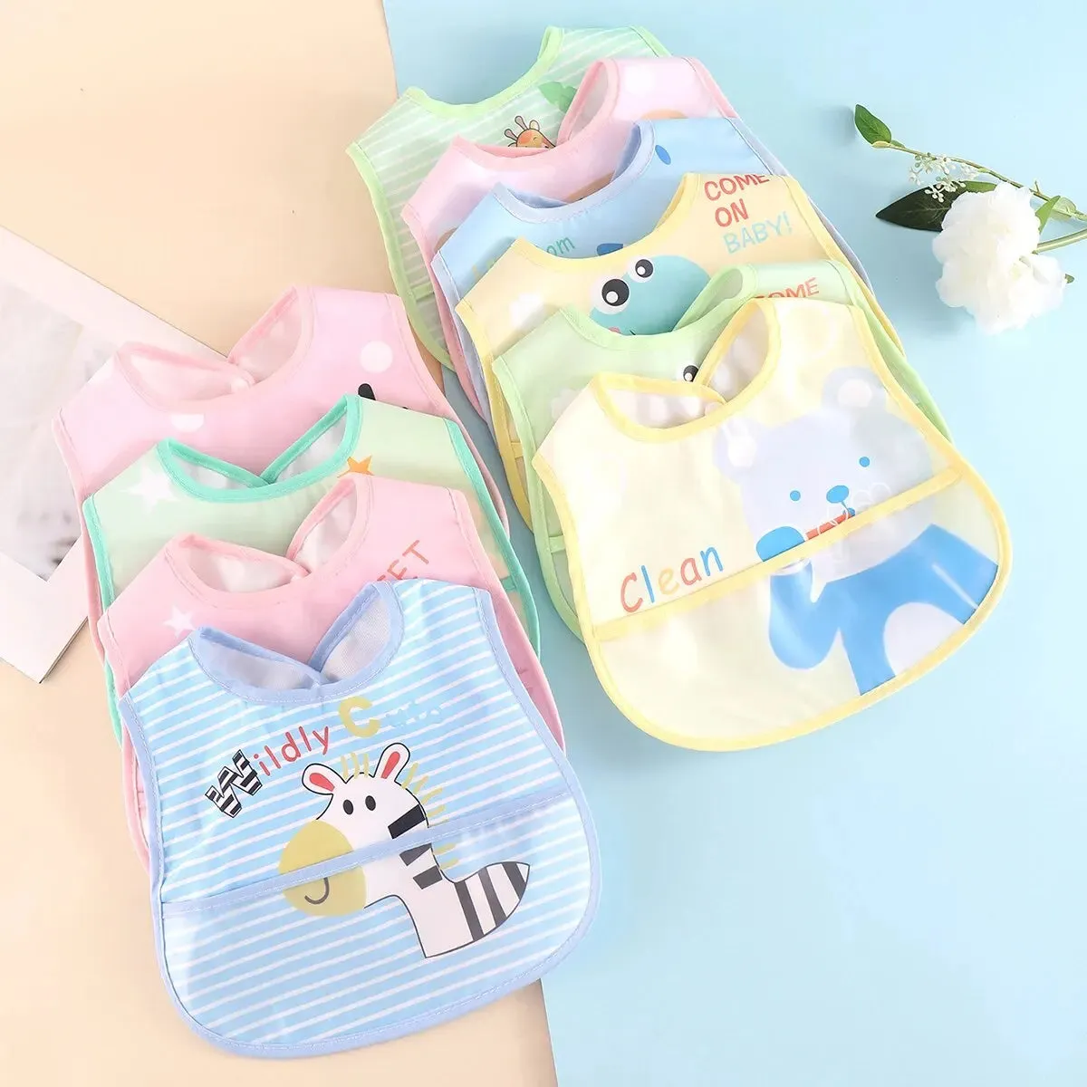 Random 5pcs Cartoon Animals Waterproof Bibs Baby Kids Girls Boys