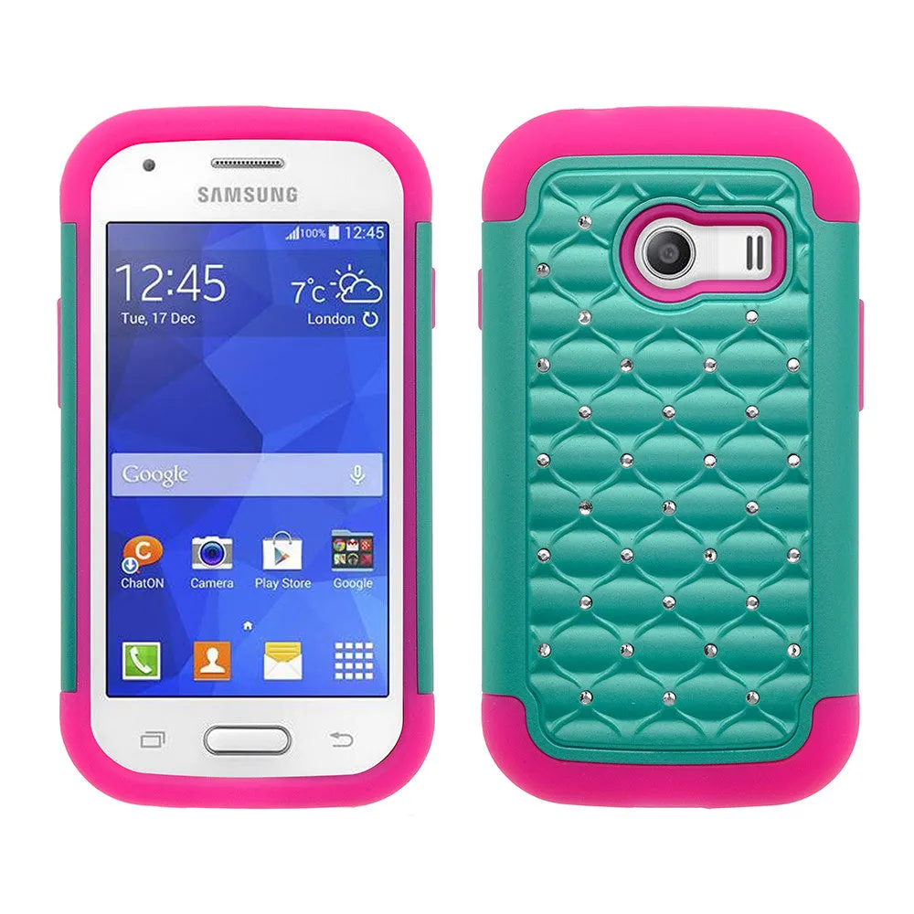 Samsung Galaxy Ace Style | S765C Rhinestone Case , Slim Hybrid Dual Layer[Shock Resistant] Crystal Rhinestone Studded Case Cover - Teal/Hot Pink