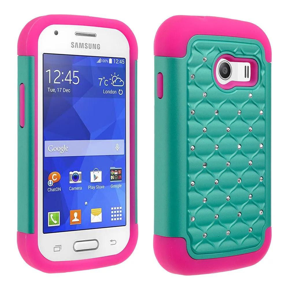 Samsung Galaxy Ace Style | S765C Rhinestone Case , Slim Hybrid Dual Layer[Shock Resistant] Crystal Rhinestone Studded Case Cover - Teal/Hot Pink