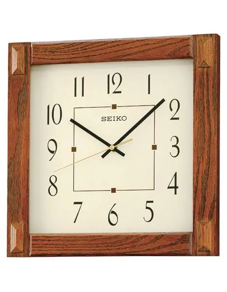 Seiko Square Wall Clock - Medium Brown Wooden Case - Cream Colored Dial