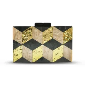 Stylish Ladies Deco Geometric Acrylic Dinner Bag in Gold and Black