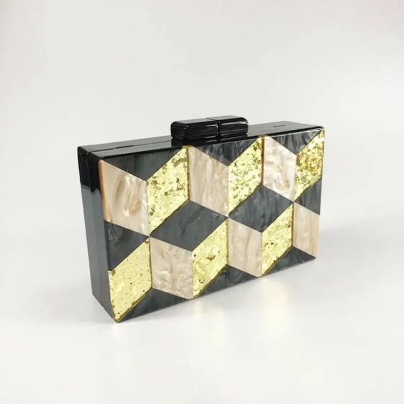 Stylish Ladies Deco Geometric Acrylic Dinner Bag in Gold and Black