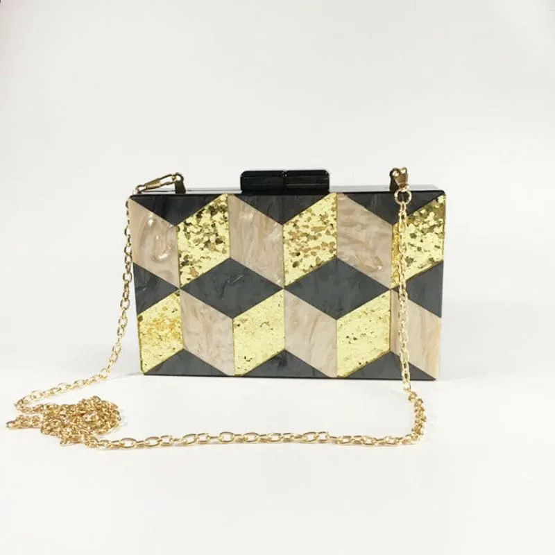 Stylish Ladies Deco Geometric Acrylic Dinner Bag in Gold and Black