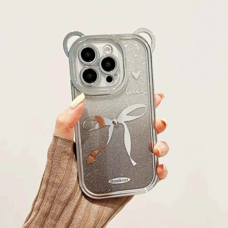 TSP101 Cute Phone Cases For iPhone 15, 14, 13, 12, 11, Pro Max, XS, X, and 15 Plus - 3D Bear Ear, and Bowknots Plating Silver Bumper