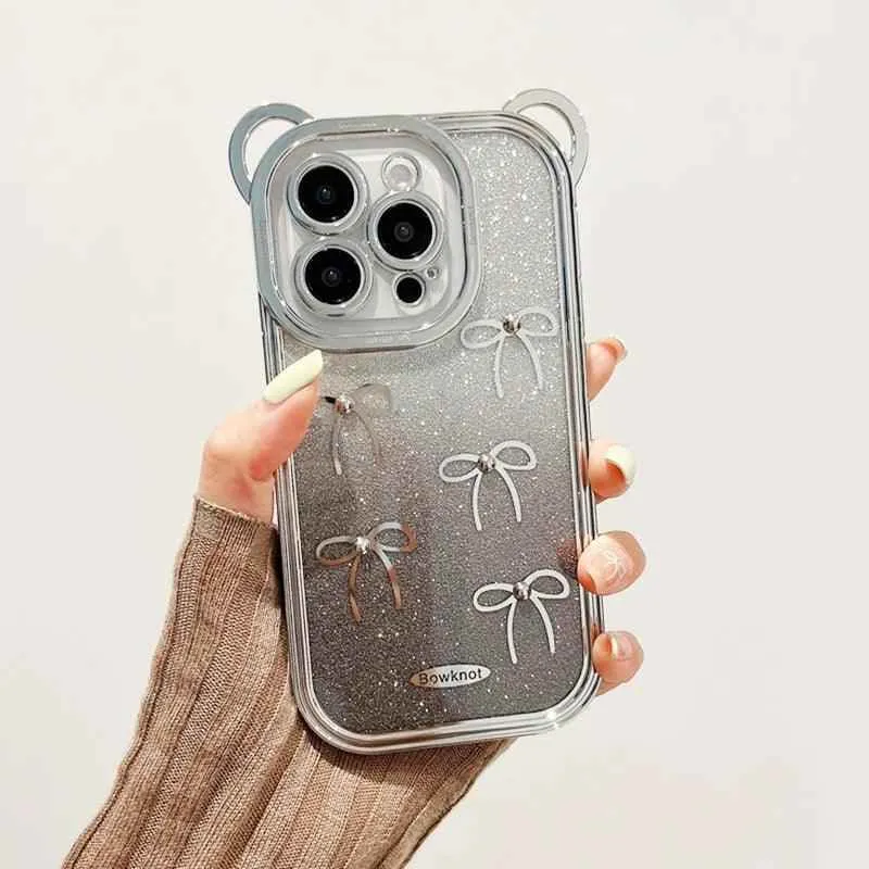 TSP101 Cute Phone Cases For iPhone 15, 14, 13, 12, 11, Pro Max, XS, X, and 15 Plus - 3D Bear Ear, and Bowknots Plating Silver Bumper