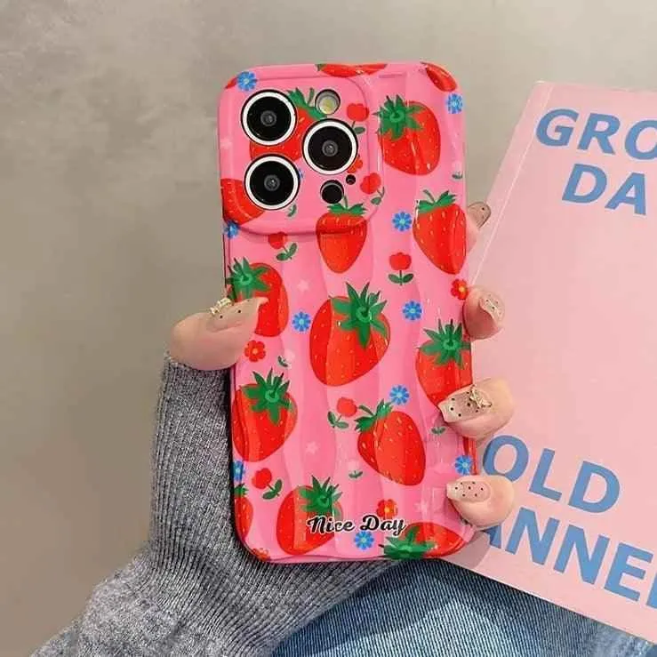 TSP18 Cute Phone Cases for iPhone 11, 12, 13, 14, and 15 Pro Max - Strawberry 3D Wave Glossy Cover