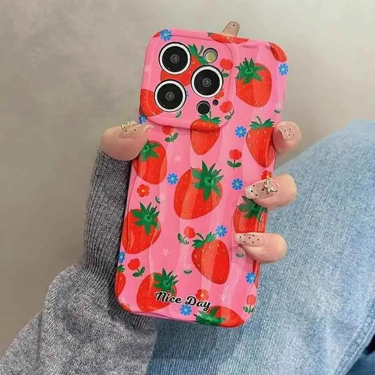 TSP18 Cute Phone Cases for iPhone 11, 12, 13, 14, and 15 Pro Max - Strawberry 3D Wave Glossy Cover