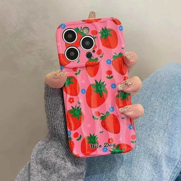 TSP18 Cute Phone Cases for iPhone 11, 12, 13, 14, and 15 Pro Max - Strawberry 3D Wave Glossy Cover