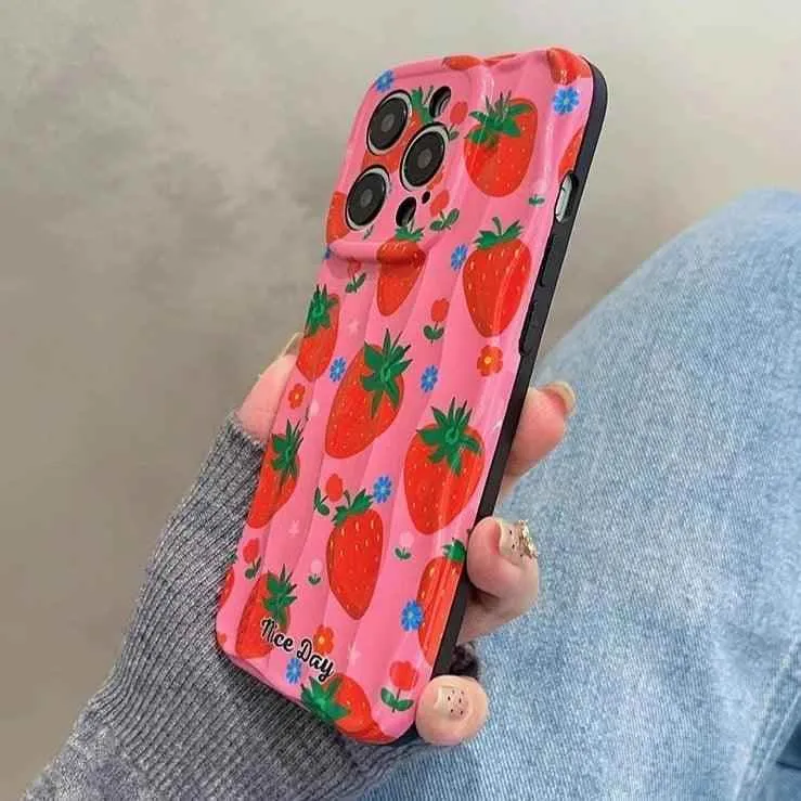 TSP18 Cute Phone Cases for iPhone 11, 12, 13, 14, and 15 Pro Max - Strawberry 3D Wave Glossy Cover