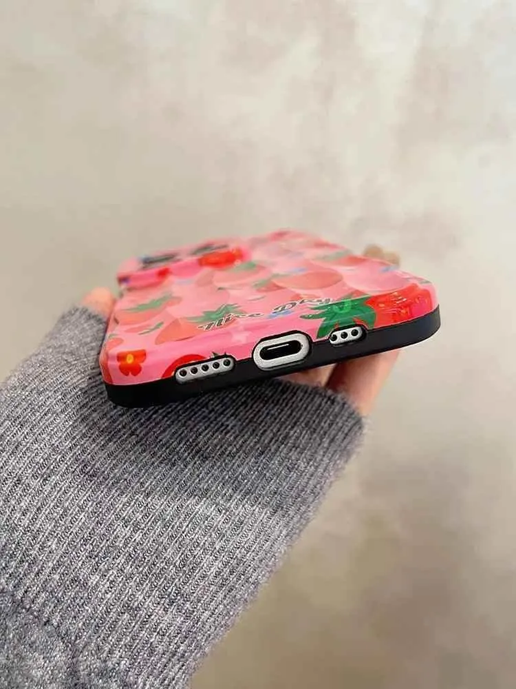 TSP18 Cute Phone Cases for iPhone 11, 12, 13, 14, and 15 Pro Max - Strawberry 3D Wave Glossy Cover