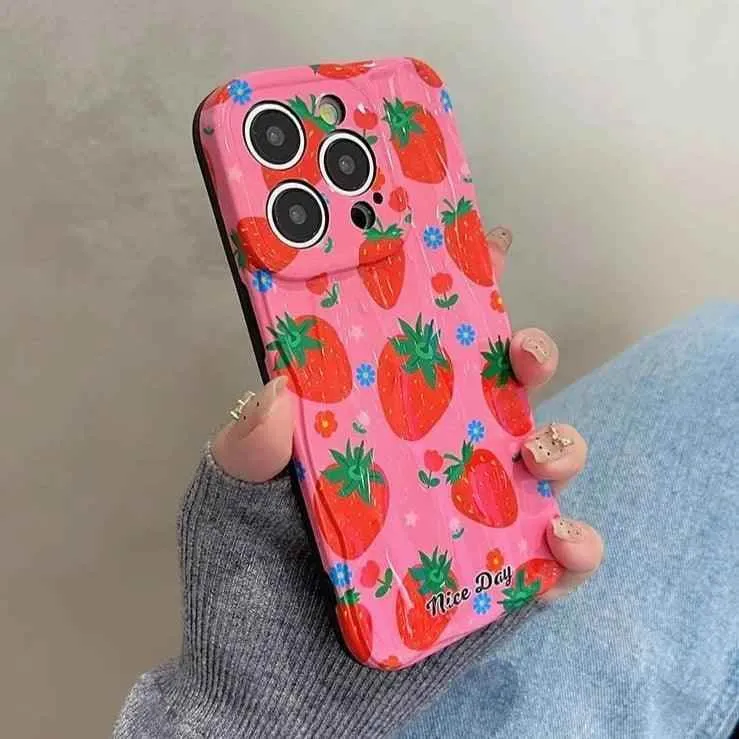 TSP18 Cute Phone Cases for iPhone 11, 12, 13, 14, and 15 Pro Max - Strawberry 3D Wave Glossy Cover