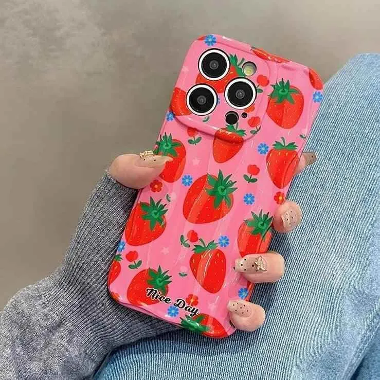 TSP18 Cute Phone Cases for iPhone 11, 12, 13, 14, and 15 Pro Max - Strawberry 3D Wave Glossy Cover