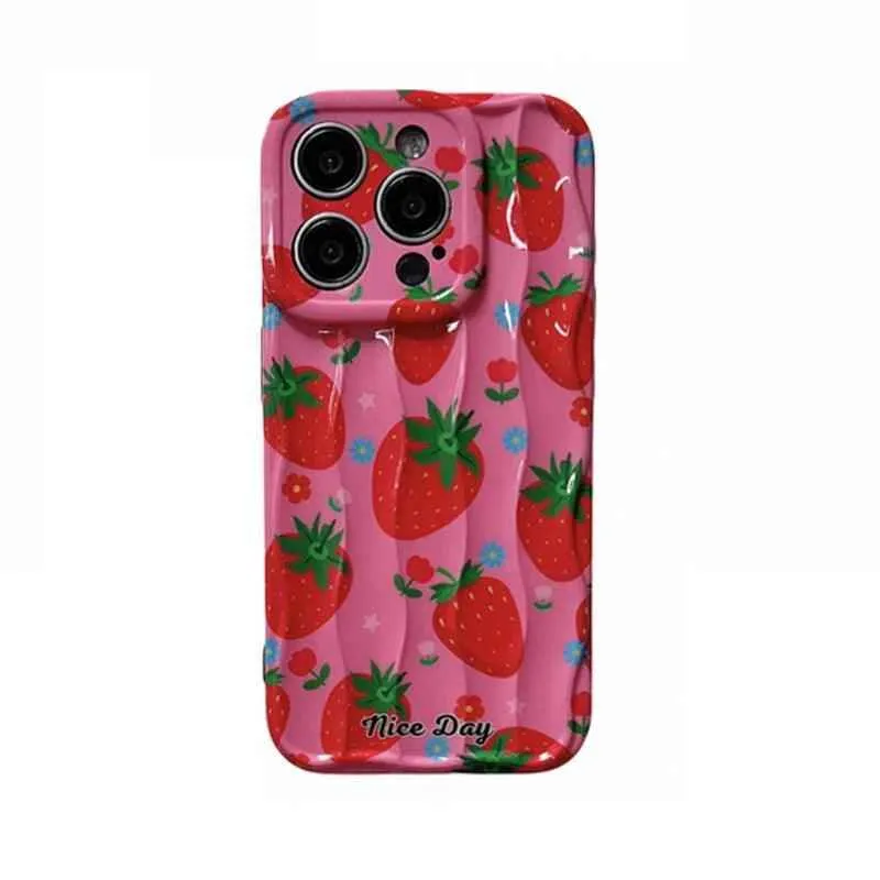 TSP18 Cute Phone Cases for iPhone 11, 12, 13, 14, and 15 Pro Max - Strawberry 3D Wave Glossy Cover