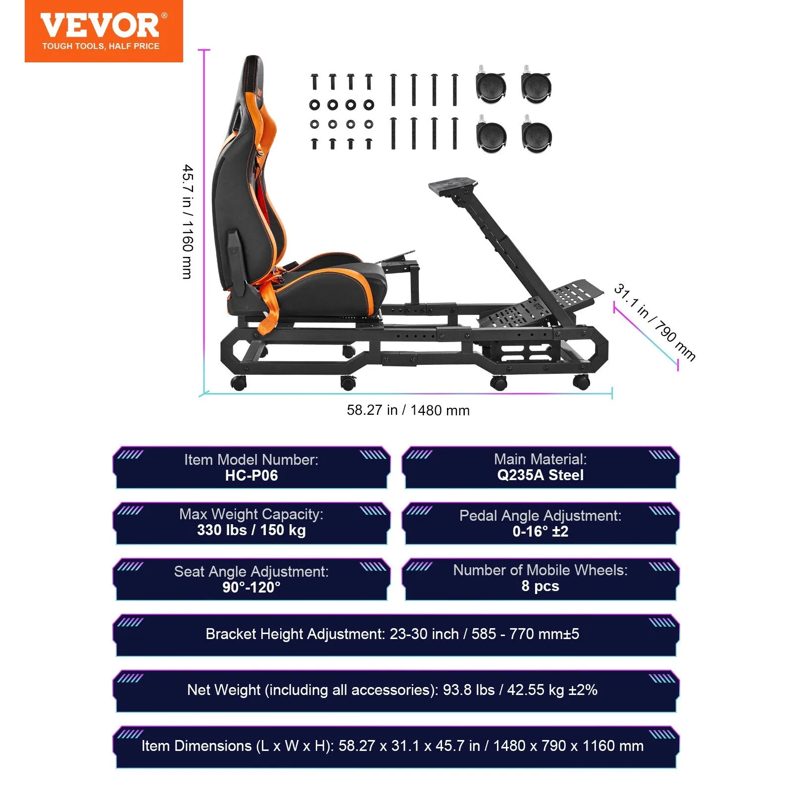 Vevor Heavy Duty Racing Wheel Stand with Locking Casters for Logitech G923/G920/G29 New