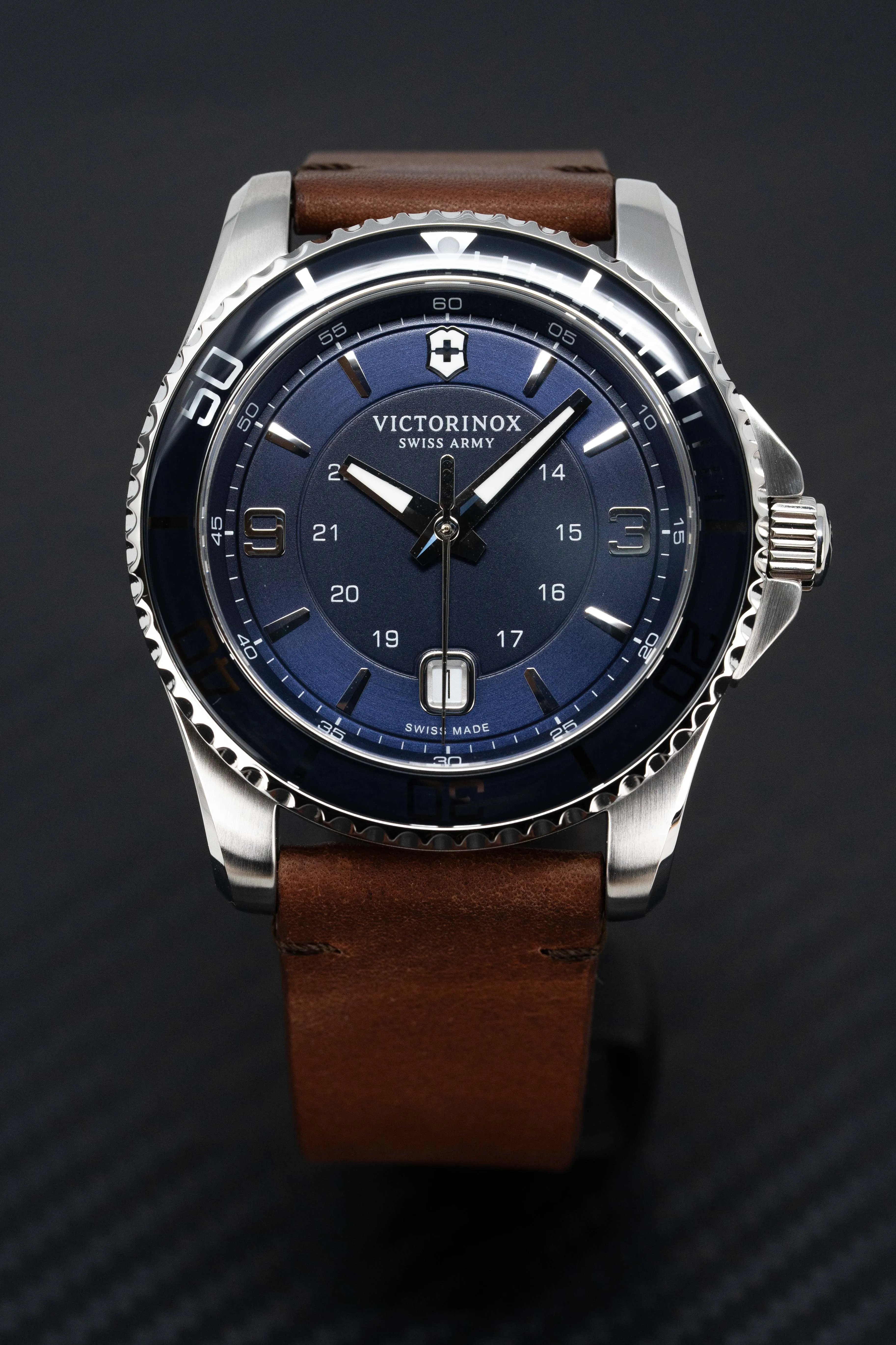 Victorinox Mens Watch Maverick Blue Dial Brown Leather 241863