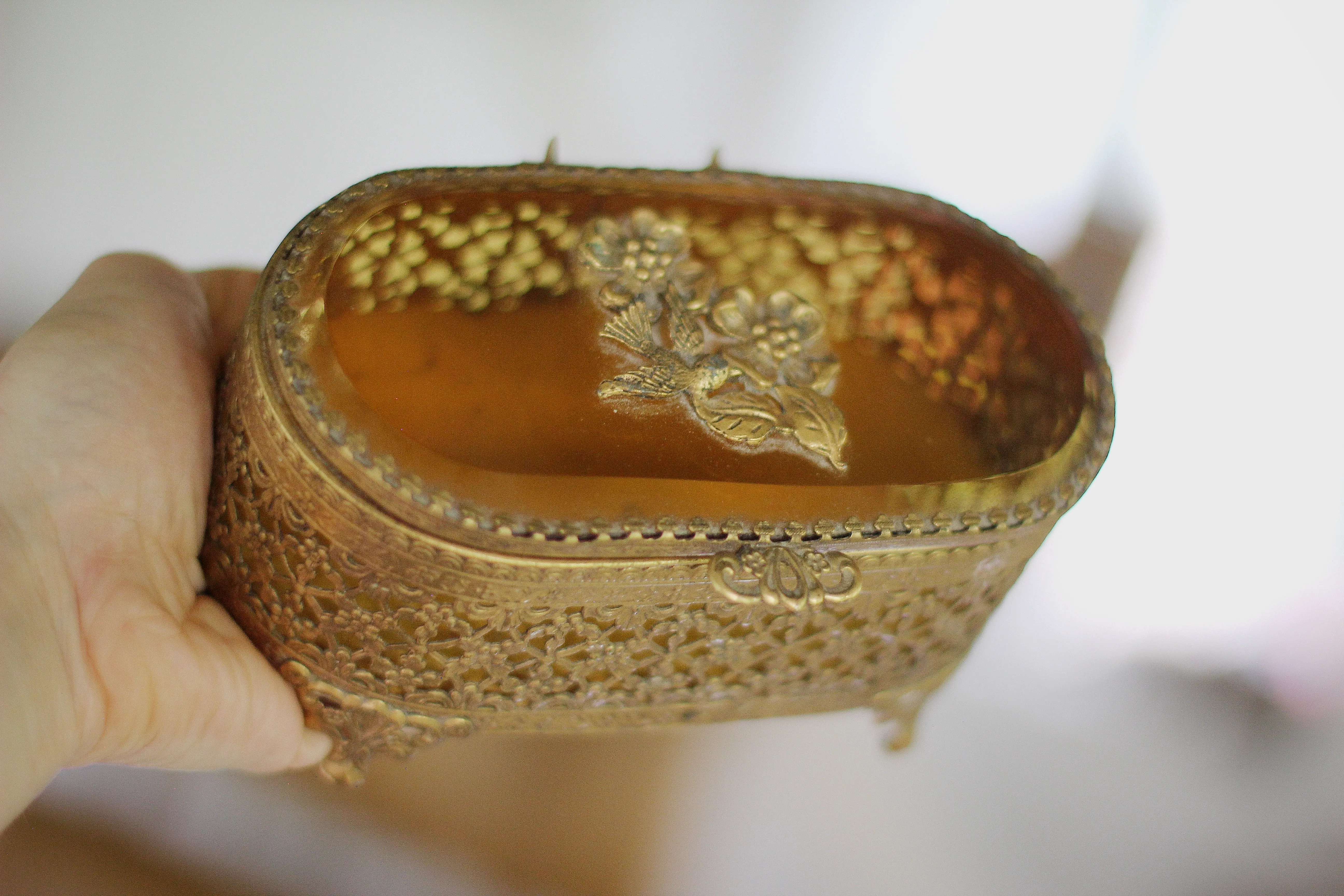 Vintage Amber Glass Bird Dogwood Jewelry Casket