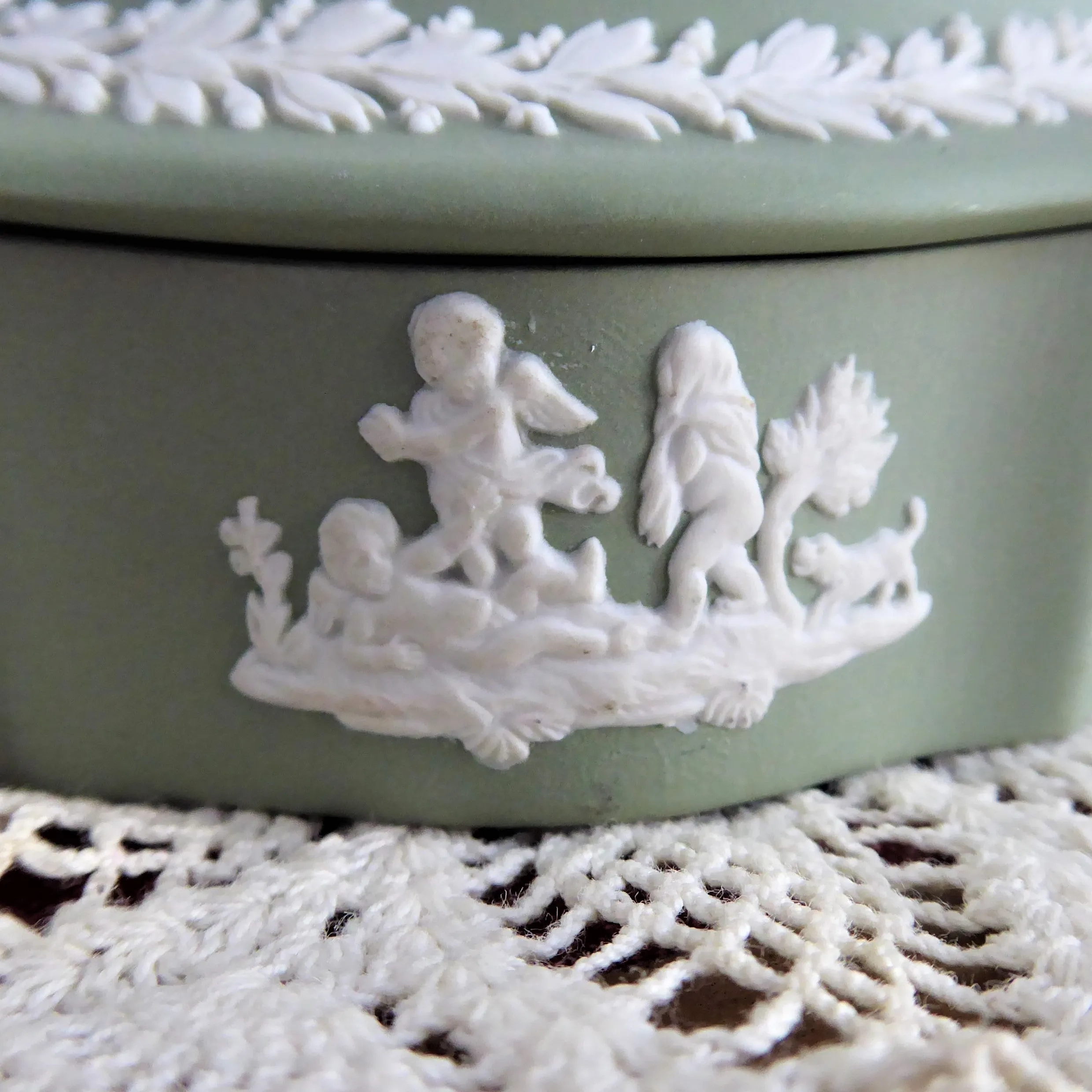 Wedgwood Green Jasperware Lidded Box 1975 Cherubs Domed Marquise Shape