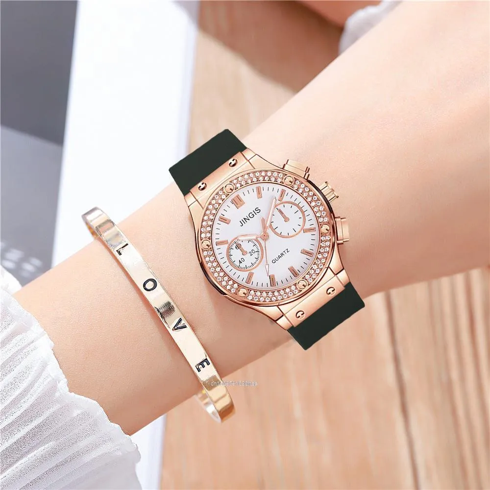 Women's Silicone Band Double Diamond Scale Dial Quartz Wrist