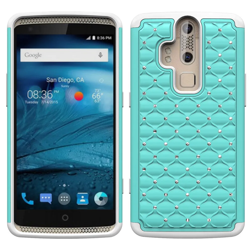 ZTE Axon Pro Rhinestone Case , Slim Hybrid Dual Layer[Shock Resistant] Crystal Rhinestone Studded Case Cover - Baby Teal/White